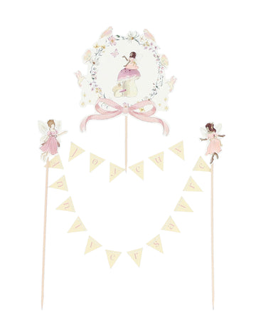 Ozdoba na tortu s medailónom - víla, všetko najlepšie k narodeninám, 12 cm pastel a kvety