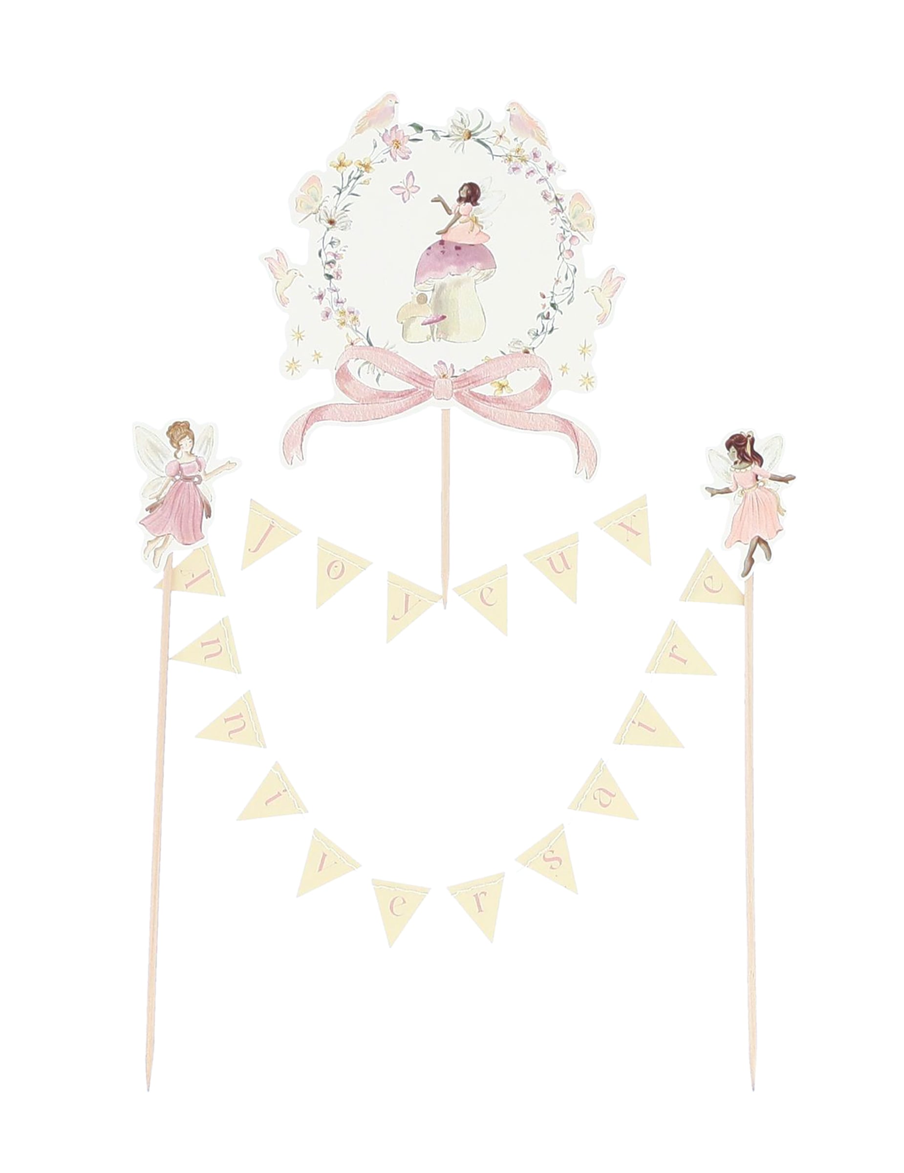 Cake topper guirlande joyeux anniversaire fée pour enfant pastel avec médaillon et fleurs