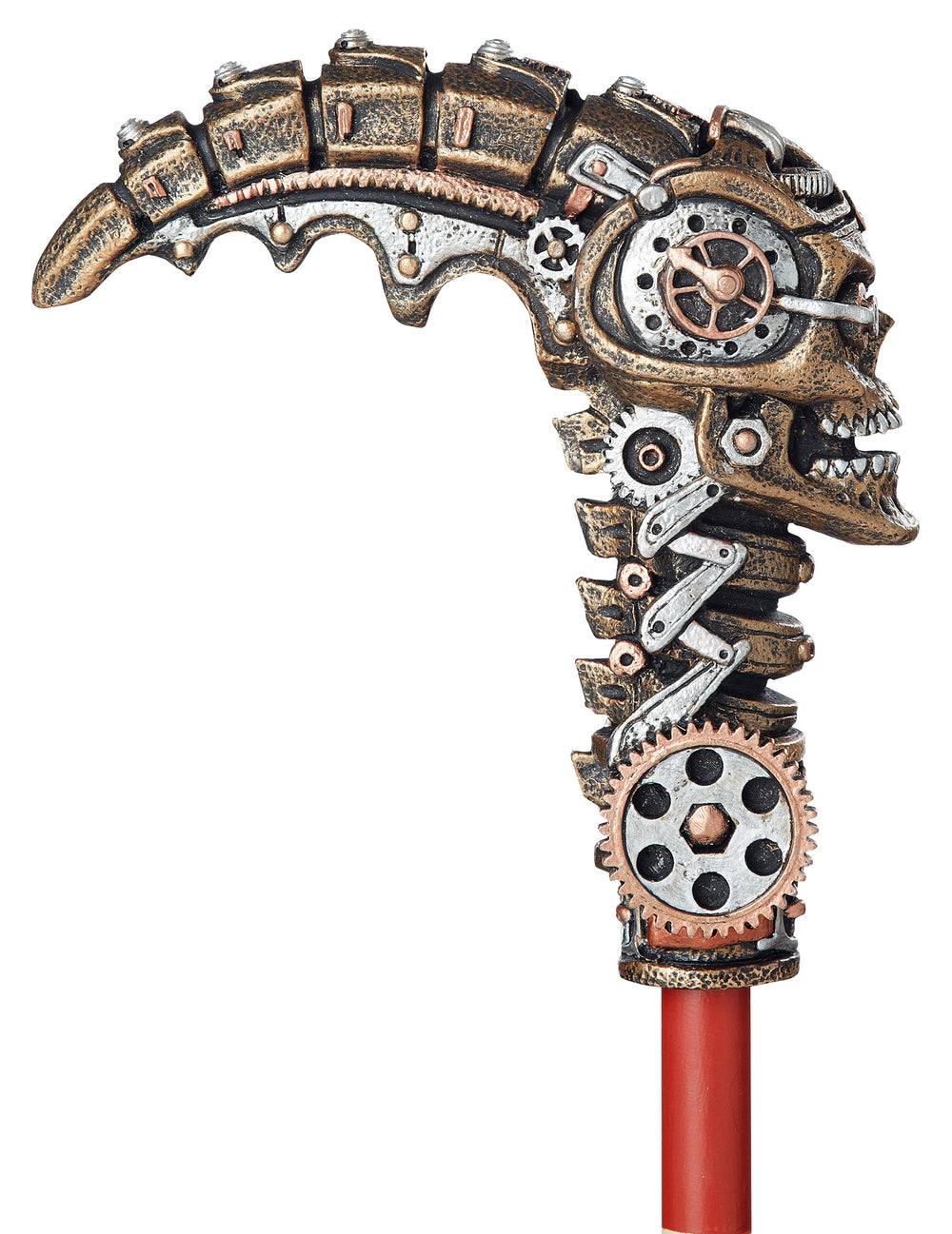 Détail du pommeau tête de mort mécanique de la canne Steampunk