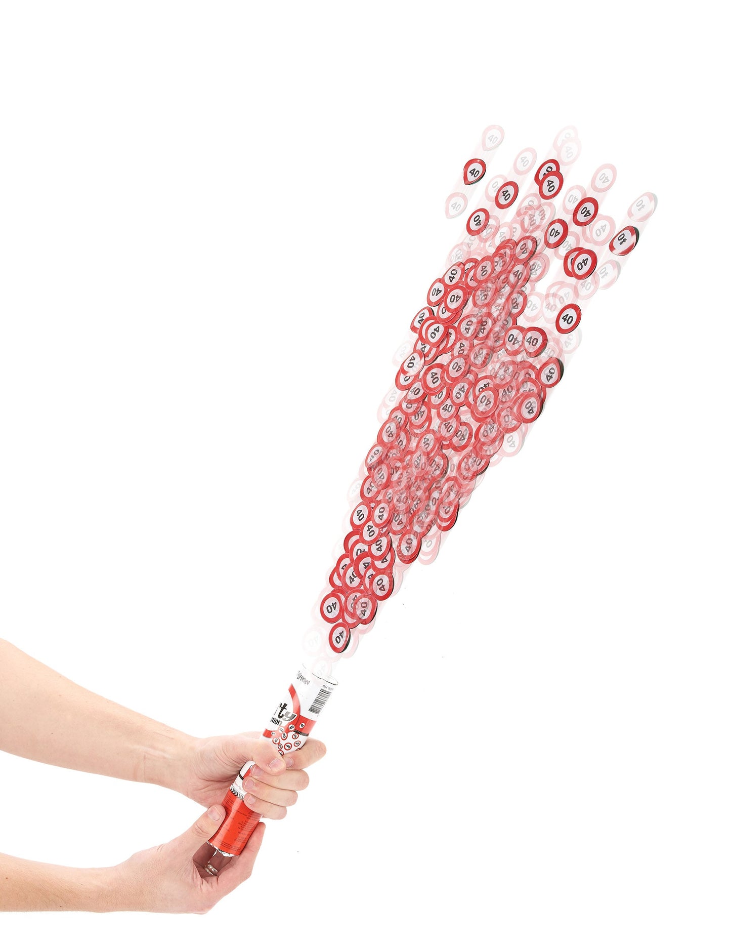 Canon à confettis anniversaire 40 ans pour fête rouge et blanc avec motifs panneaux de signalisation