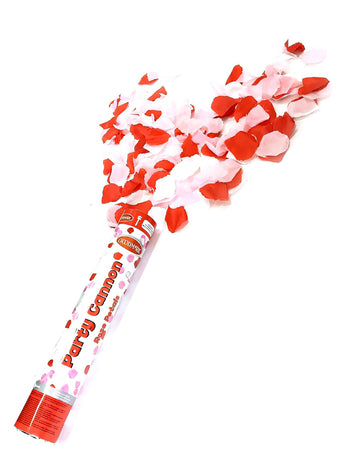 Kanon na konfety s červenými srdiečkami na oslavu s červenými a ružovými lupienkami
