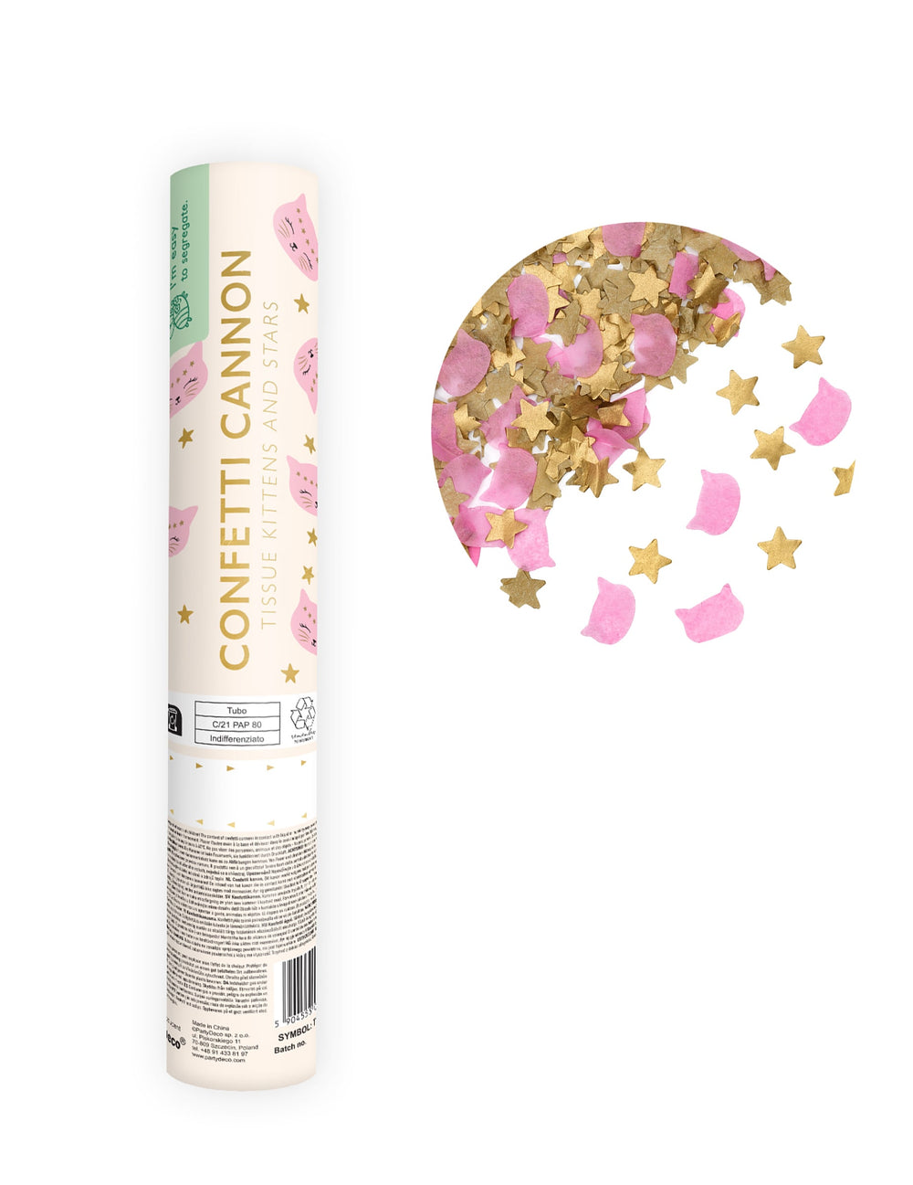 Canon à confettis en papier étoiles et chat rose et doré