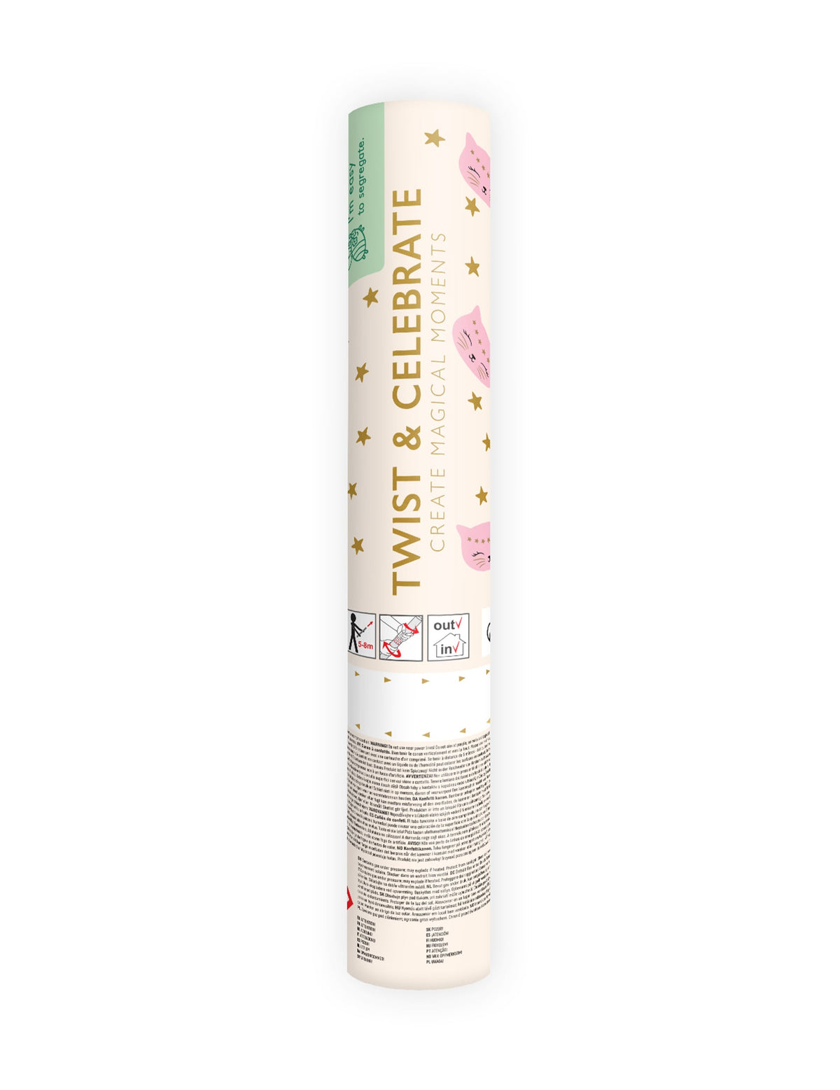 Vue de l'emballage du canon à confettis en papier étoiles et chat