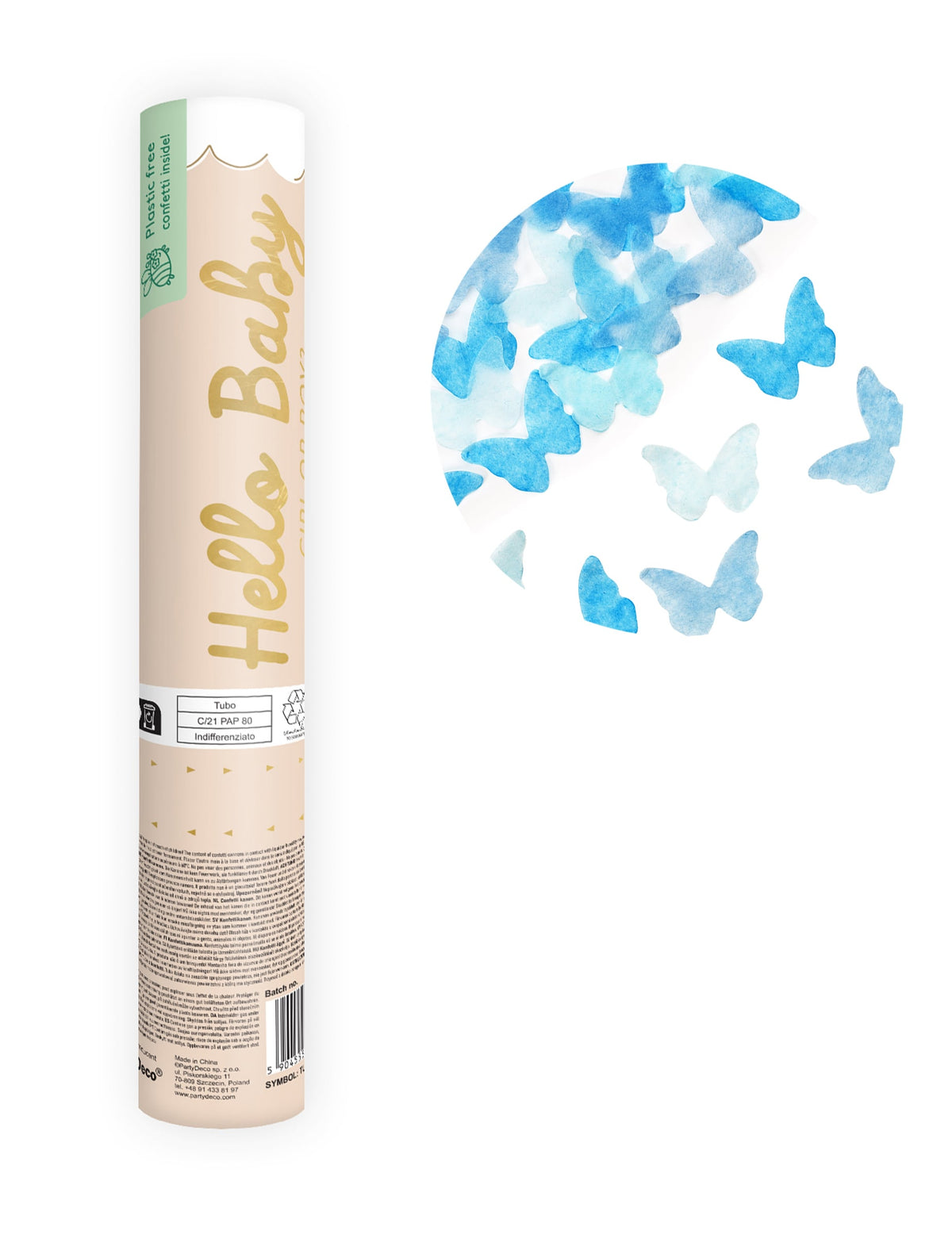 Canon à confettis papillons pour gender reveal bleu