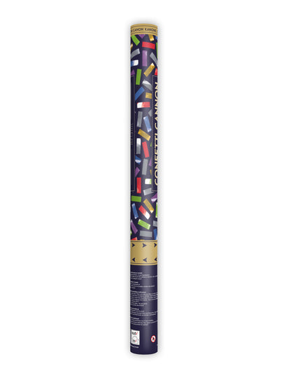 Vue de face du canon à confettis multicolores métalliques