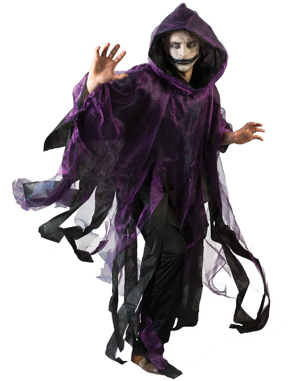 Fialový a čierny halloweensky plášť pre dospelý s kapucňou s strapcami