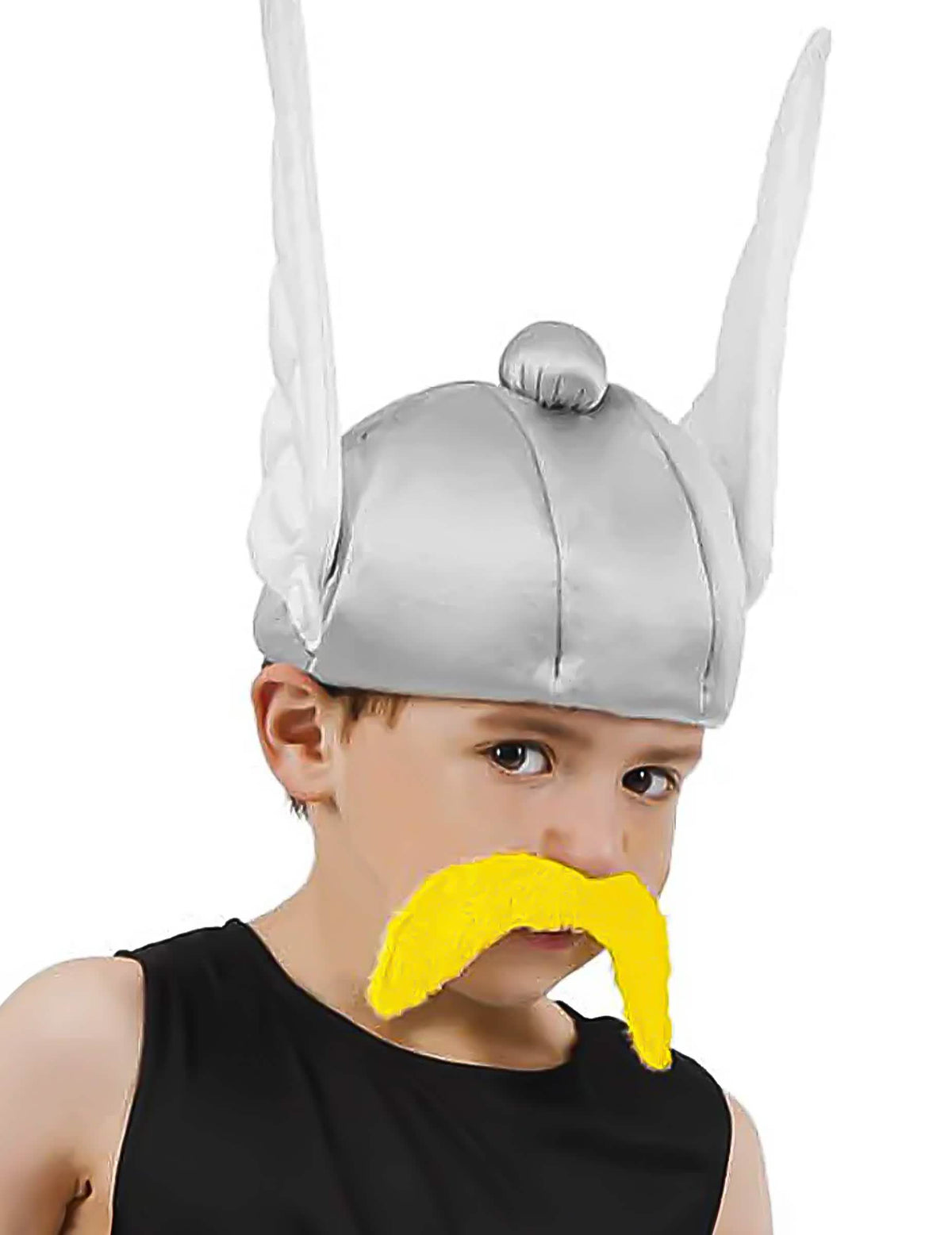 Prilba Asterix pre dieťa sivá s bielymi krídlami a žltá fúzy