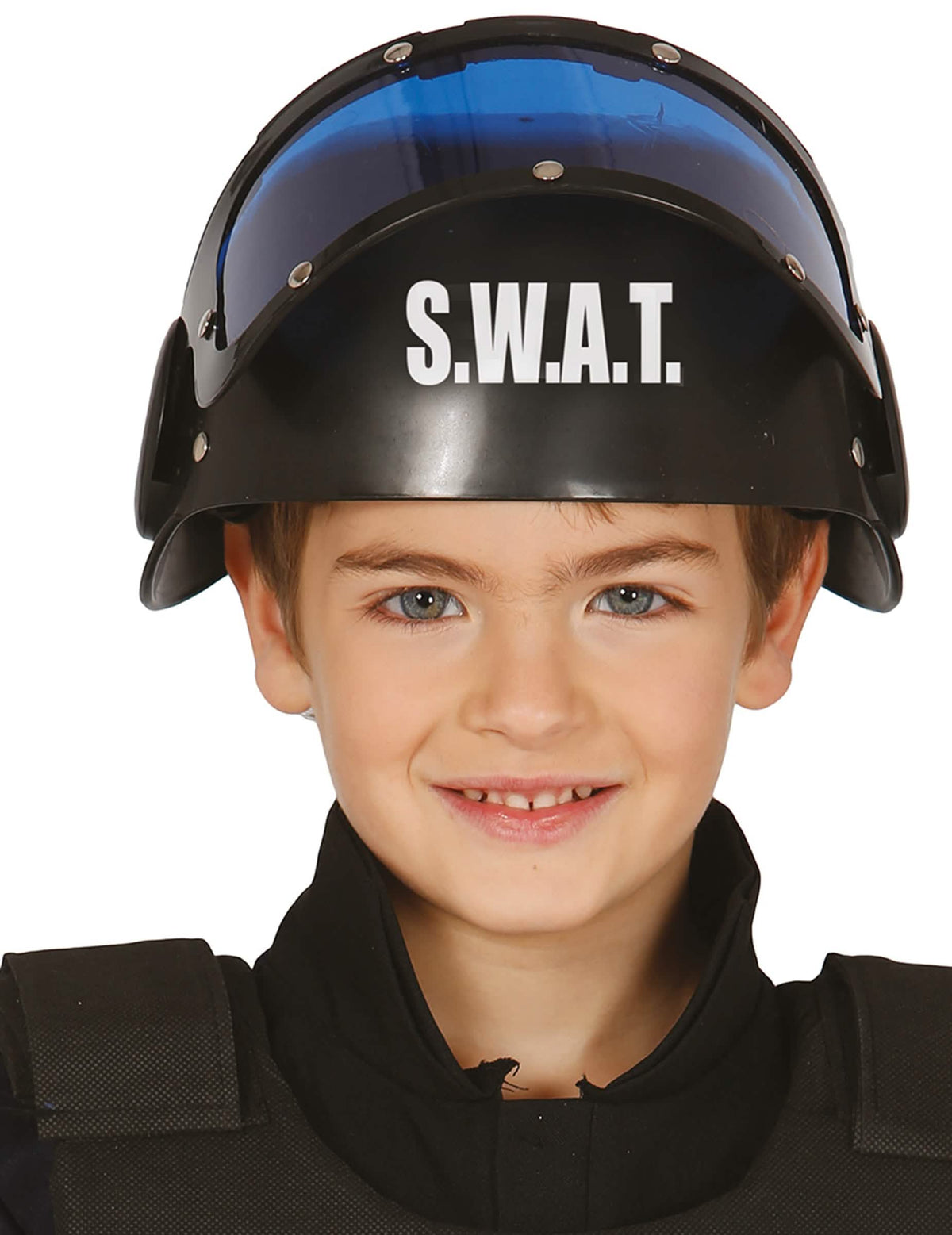 Pohľad spredu na prilbu s priezorom SWAT pre dieťa