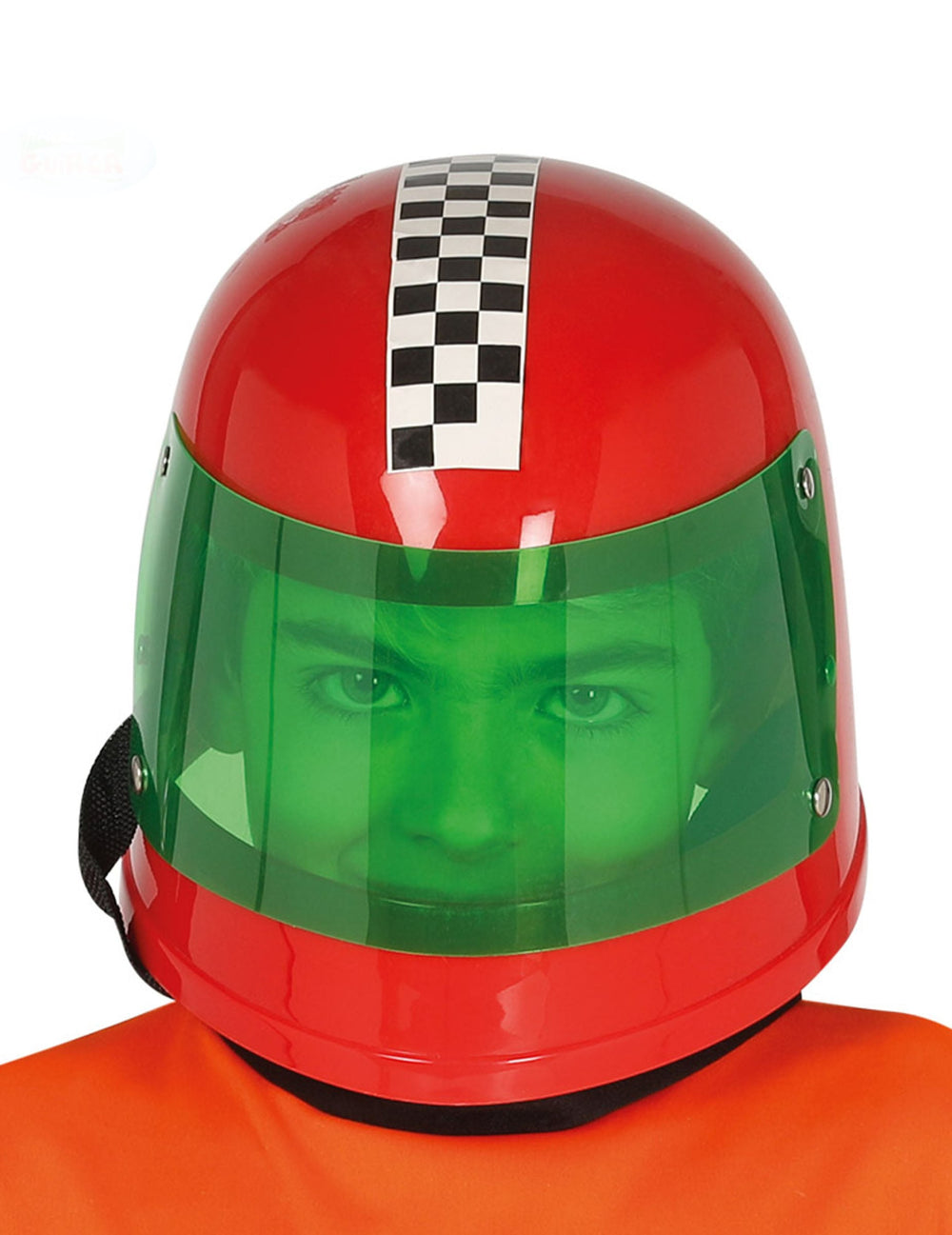Casque de pilote de formule 1 pour enfant rouge avec bande damier et visière verte