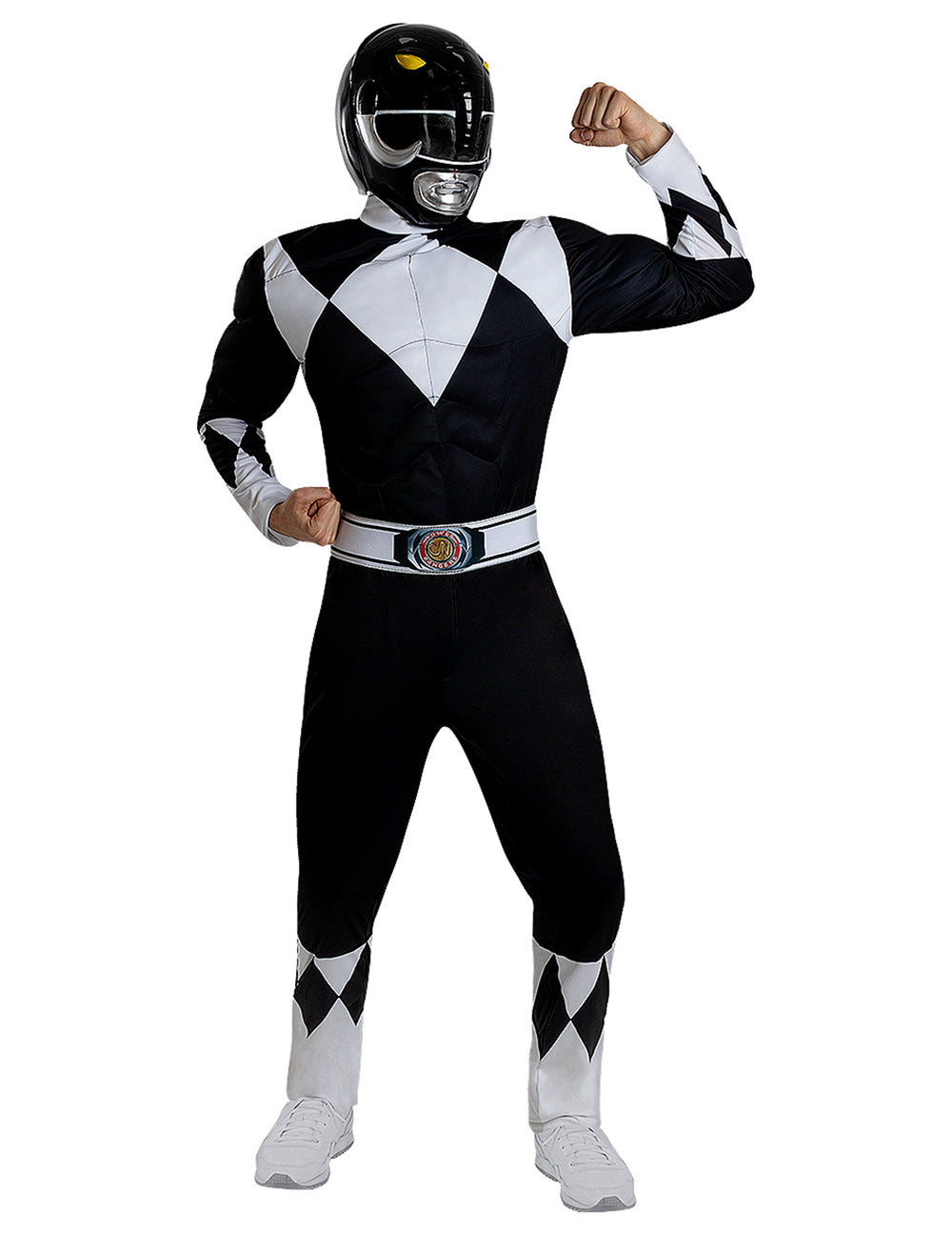Vue d'ensemble du casque Power Ranger porté avec le costume complet