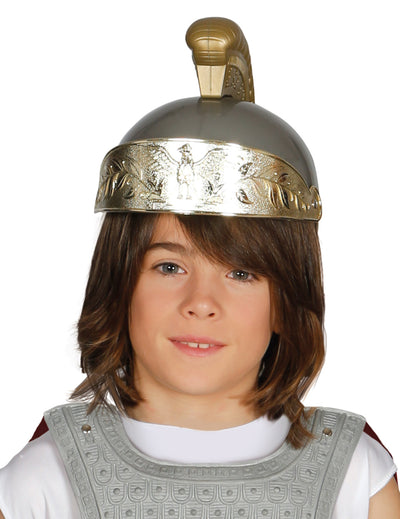 Casque romain pour enfant argenté et doré avec crête moulée