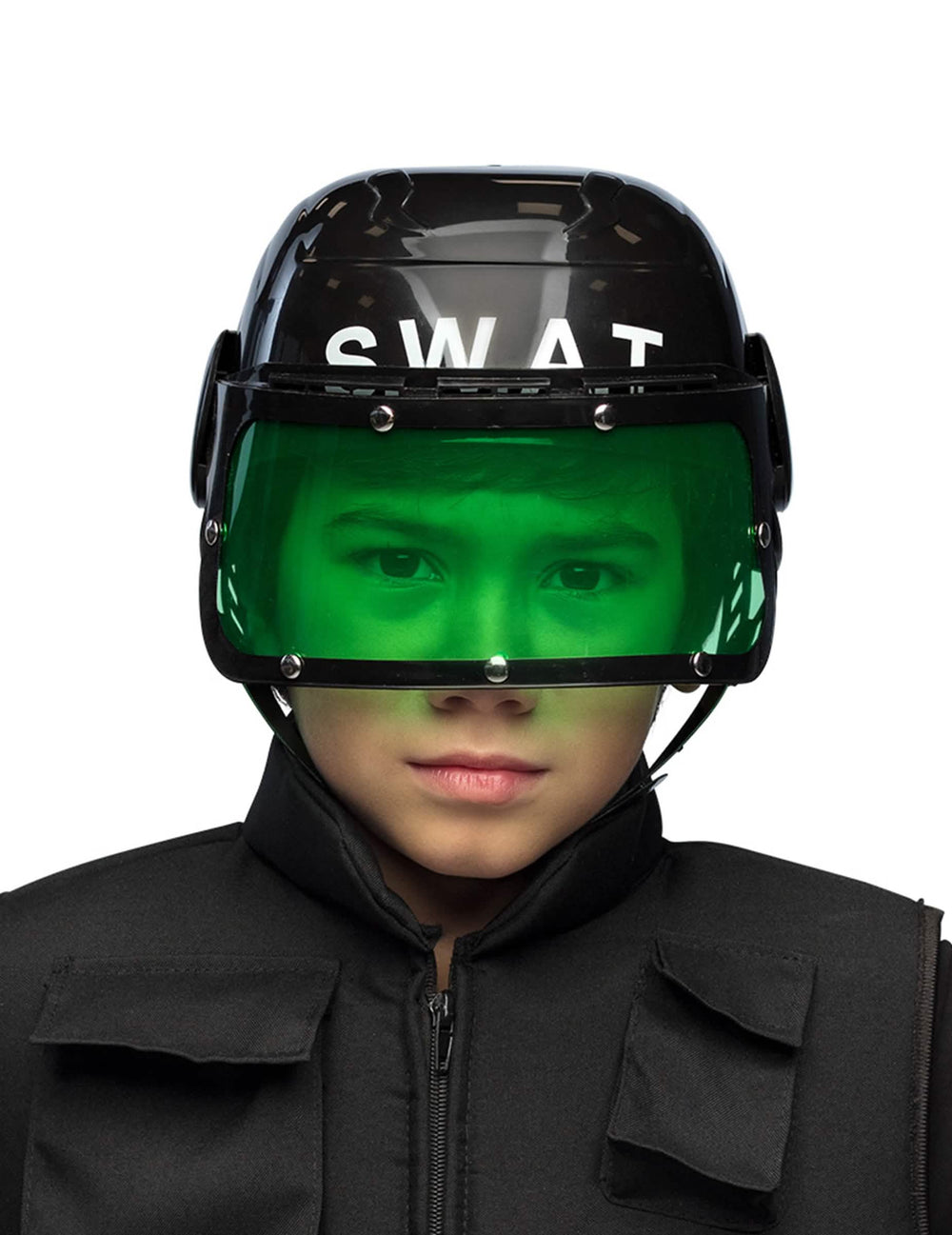 SWAT prilba pre dieťa čierna so zeleným štítom