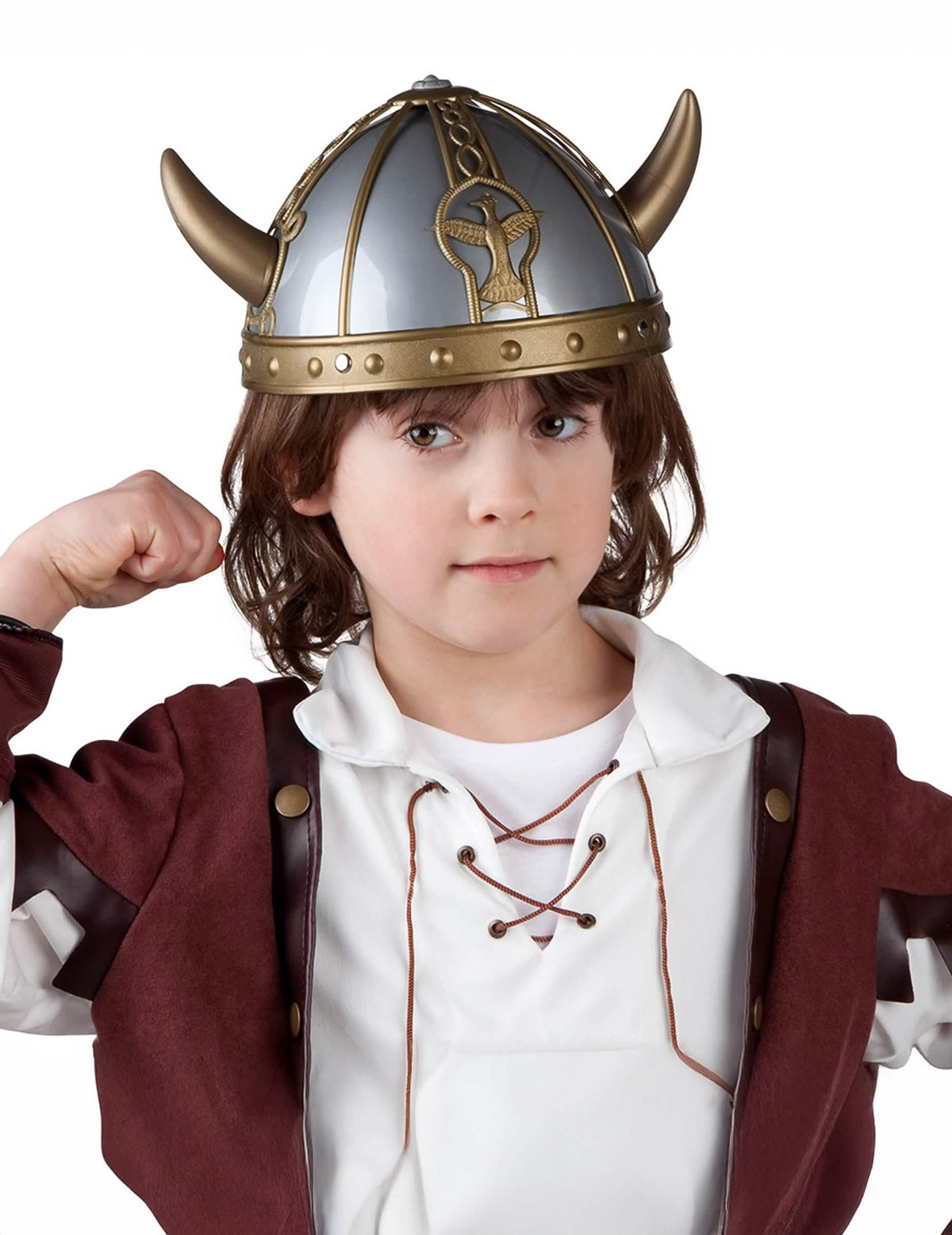 Vikingská prilba pre dieťa strieborná a zlatá s rohmi