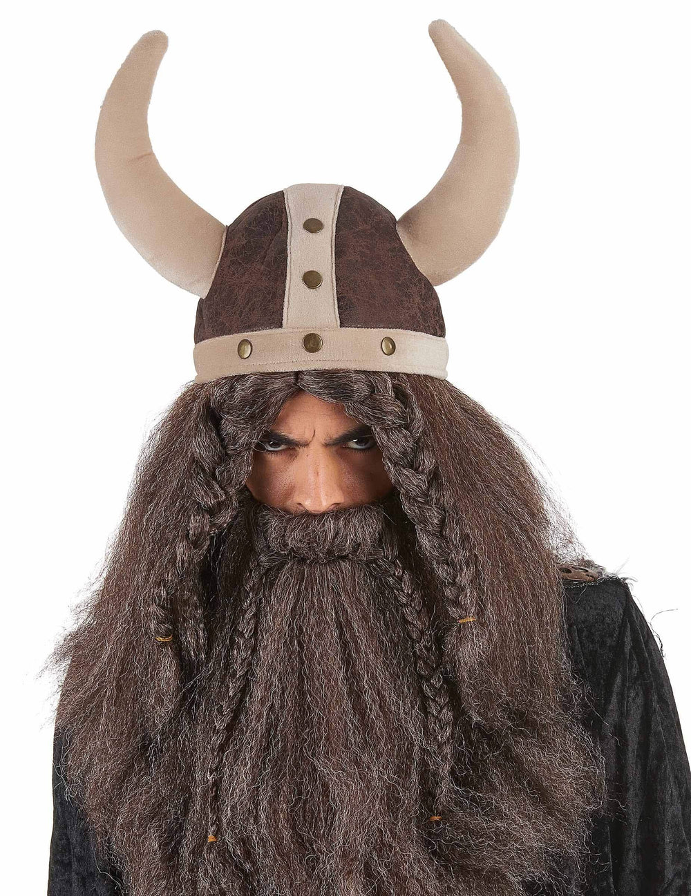 Mäkká vikingská prilba pre dospelého hnedá s rohmi a bradou
