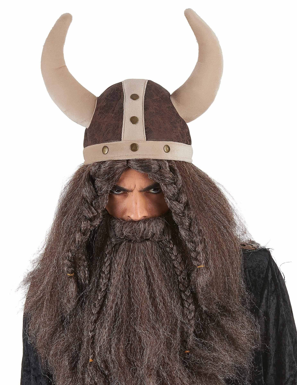 Mäkká vikingská prilba pre dospelého hnedá s rohmi a bradou