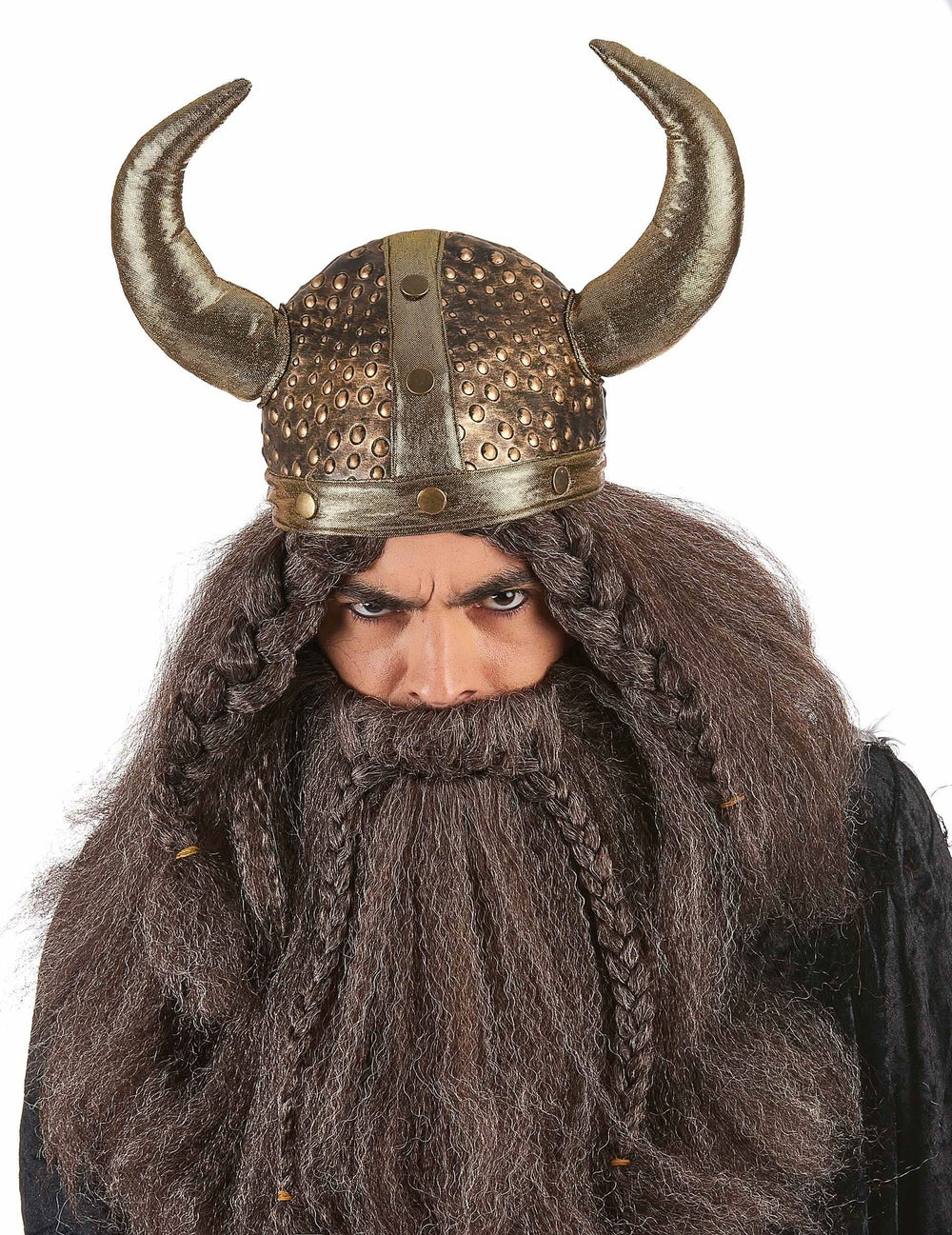 Mäkkučká vikingská prilba pre dospelého s metalickým bronzovým povrchom s rohmi
