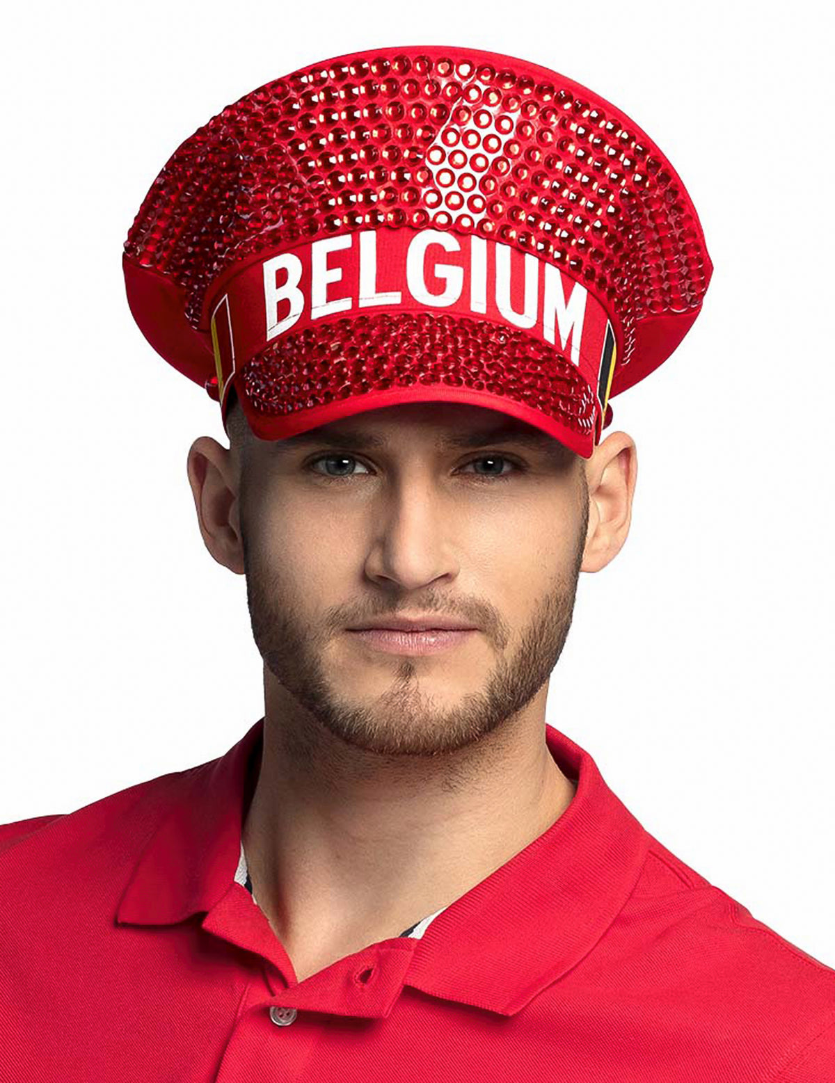 Gros plan de la casquette à strass supporter Belgique
