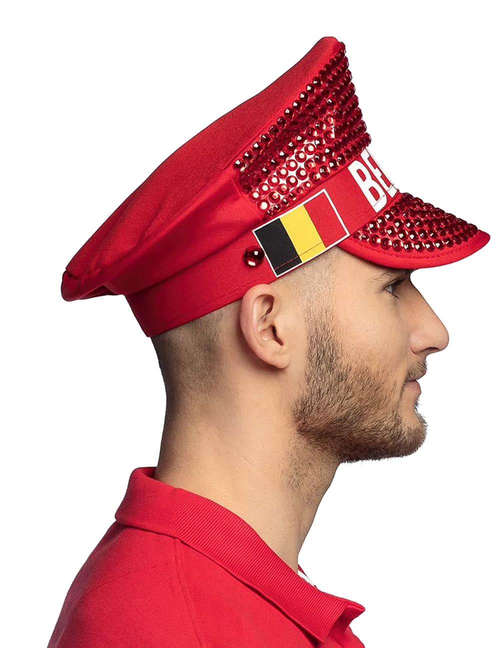 Détail du drapeau belge sur le côté de la casquette à strass supporter Belgique
