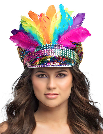 Dúhová čiapka s flitrami a perím pre dospelých