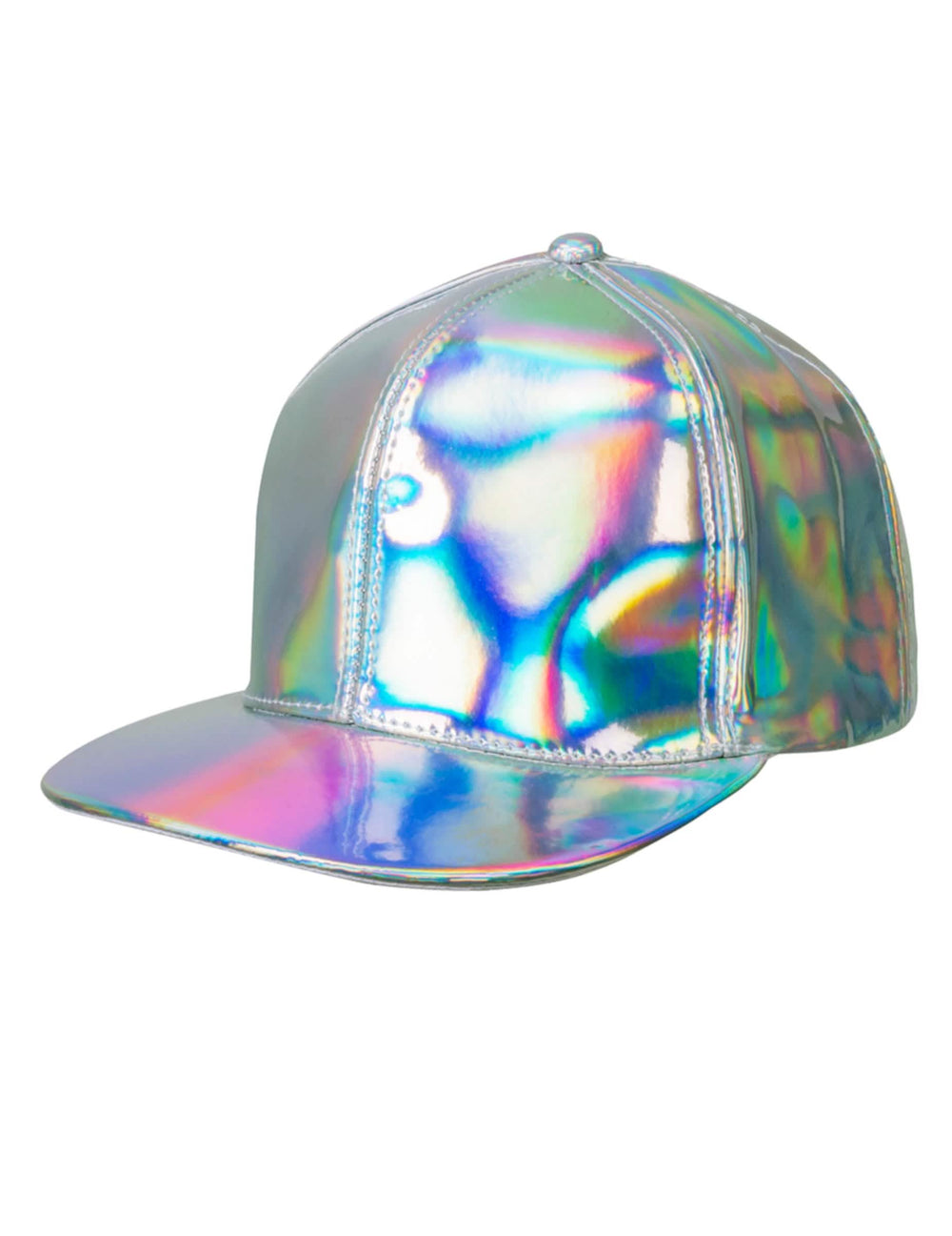 Bočný pohľad na striebornú iridescentnú šiltovku