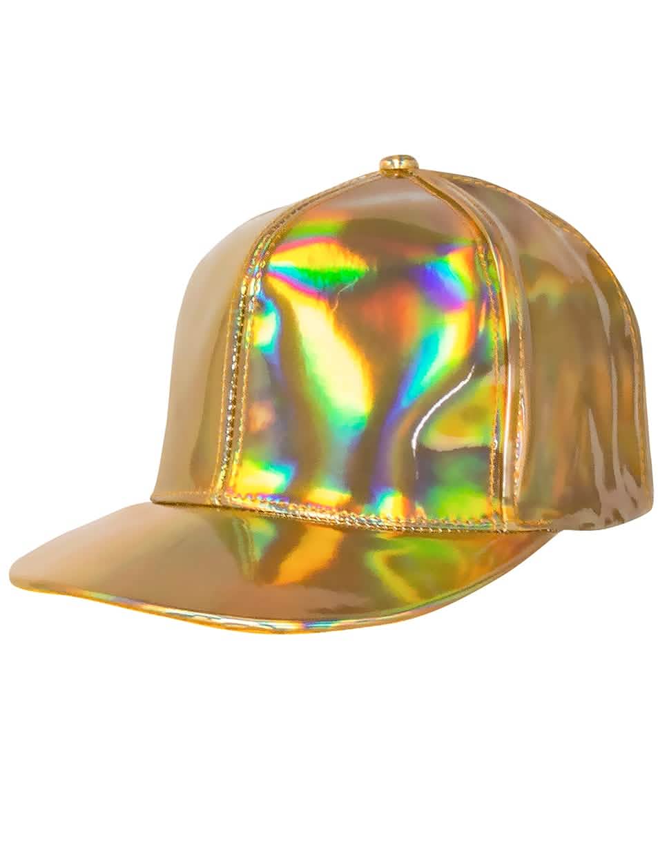 Bočný pohľad na iridescentnú zlatú čiapku pre dospelého