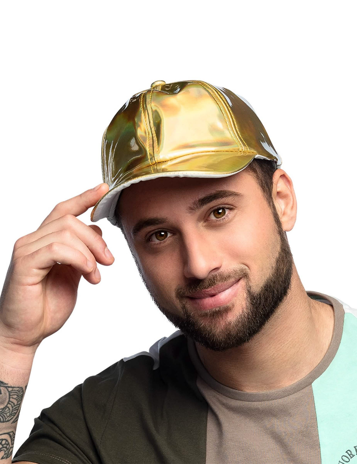 Predný pohľad na iridescentnú zlatú čiapku pre dospelý