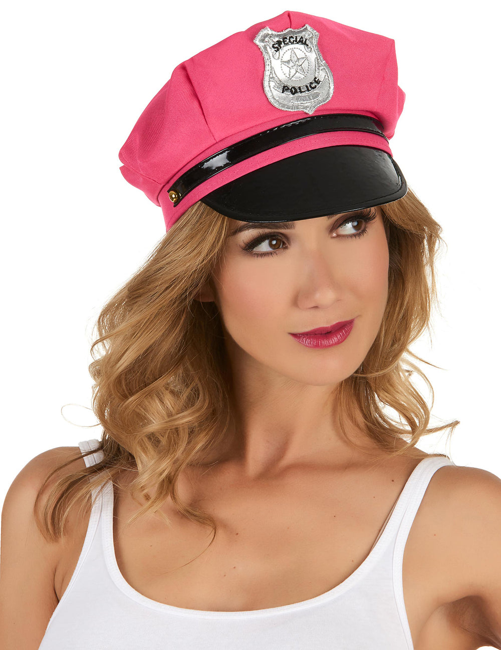 Casquette de policière pour femme rose avec visière noire et insigne argenté