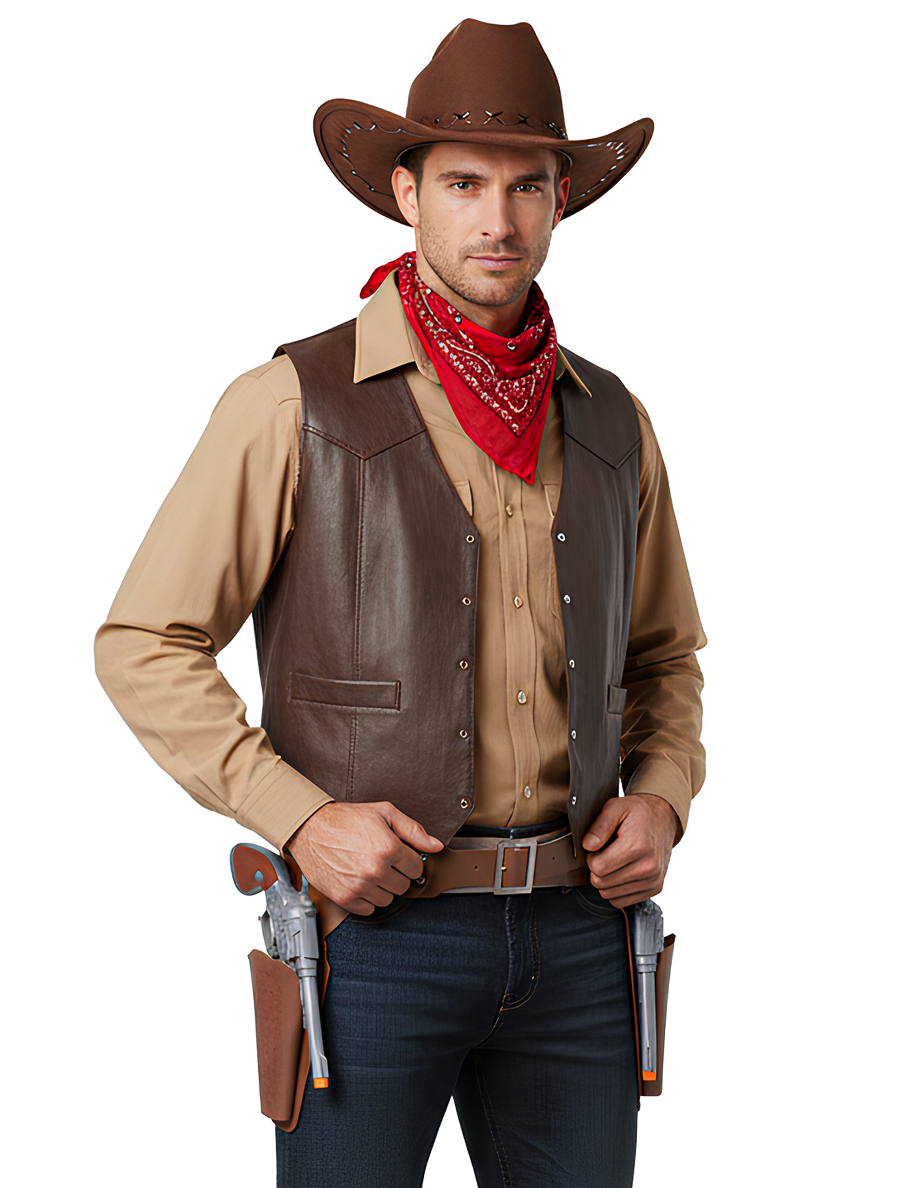 Vue de face de la ceinture de cowboy avec holster et 2 pistolets