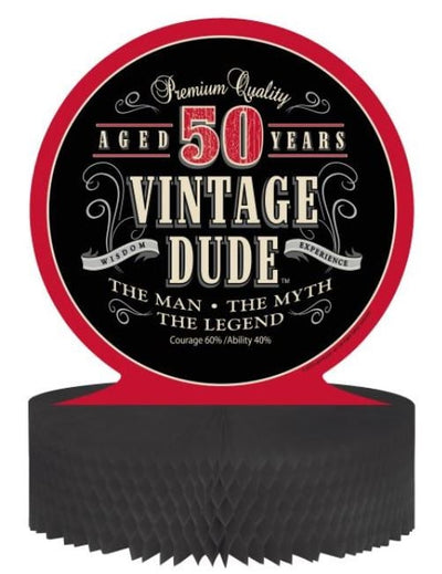 Centre de table en papier alvéolé anniversaire Vintage 50 ans pour homme noir et rouge Vintage Dude