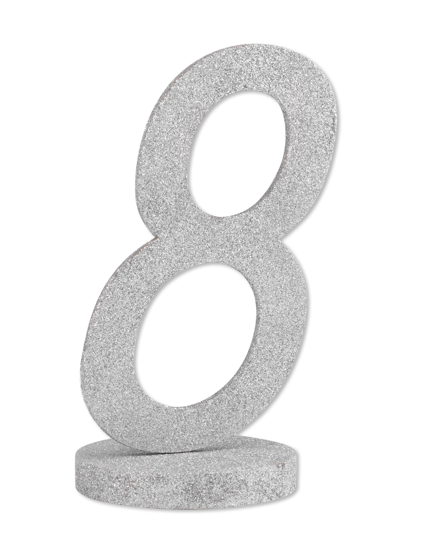 Strieborná trblietavá drevená dekorácia s číslom 8, 20 cm so základňou
