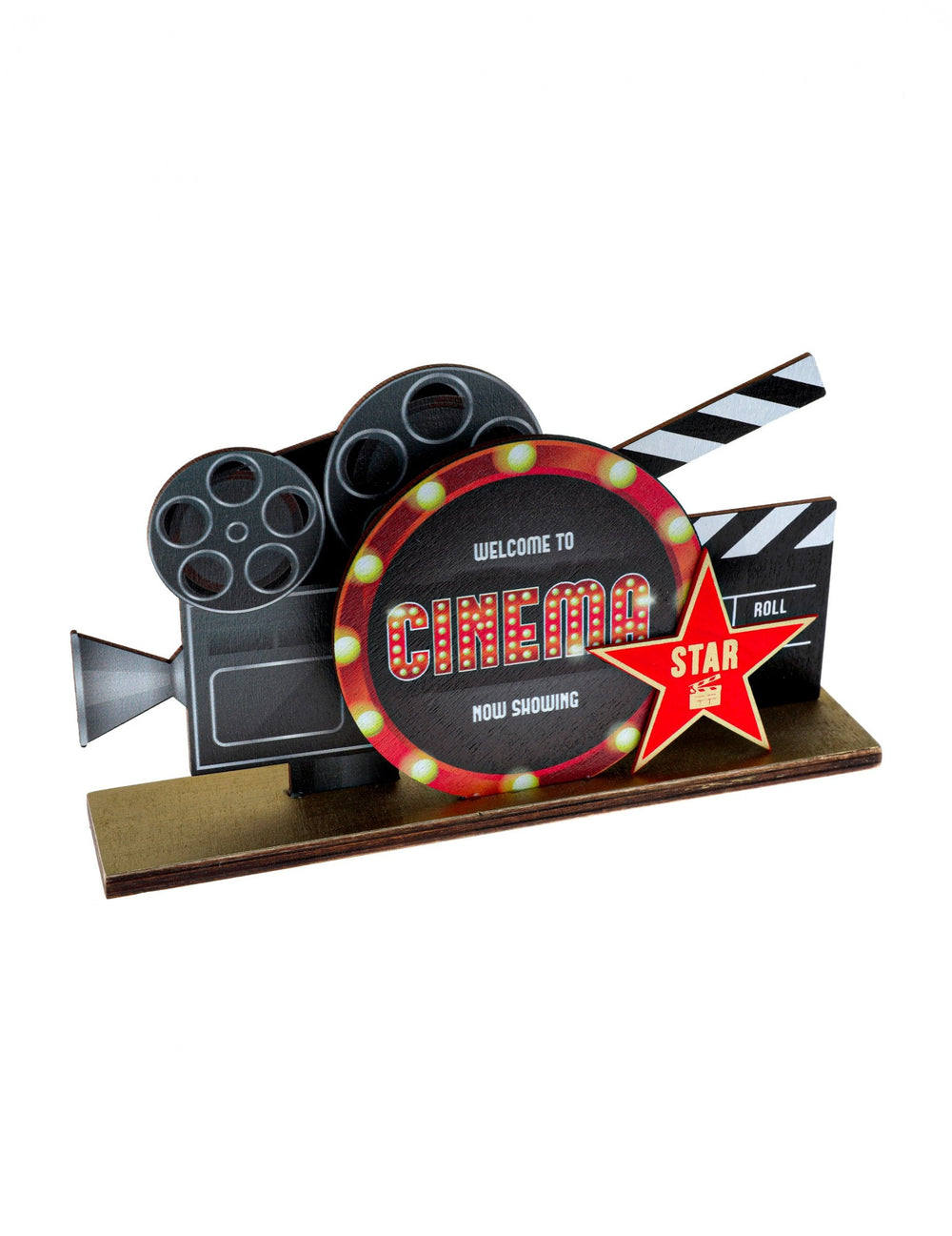 Centre de table en bois Hollywood pour fête noir et rouge avec caméra et clap de cinéma