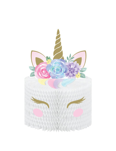 Centre de table en papier alvéolé licorne féerique pour fête blanc avec fleurs et corne dorée