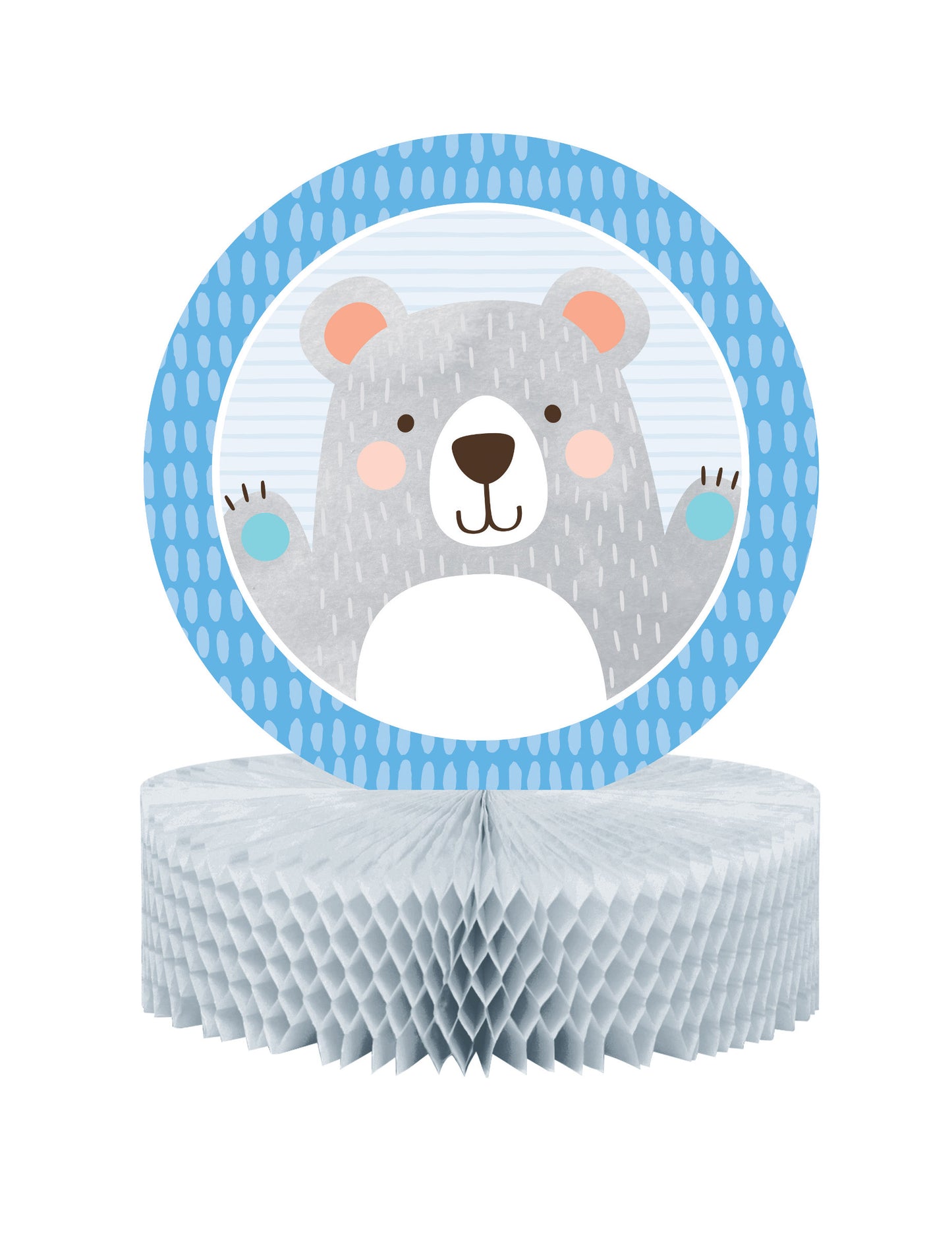 Papierová dekorácia na stôl s motívom včelieho plástu, malý sivý medvedík, 30,5 x 22,8 cm na detskú oslavu