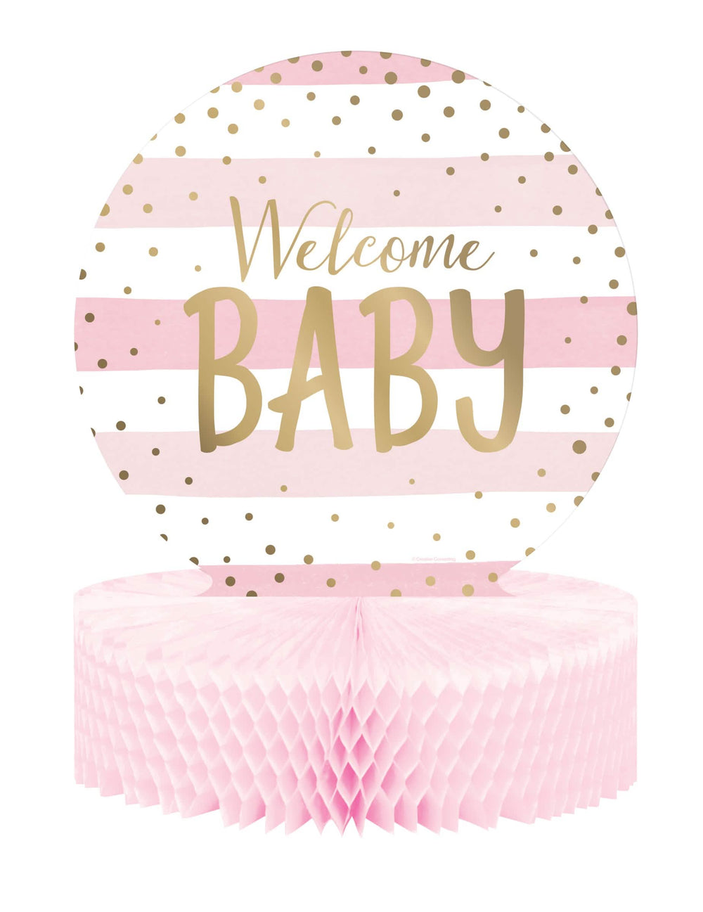Papierové stolové ozdoby s včelím plástom Welcome Baby pre baby shower ružová a biela s zlatými bodkami
