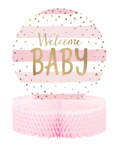Centre de table en papier alvéolé Welcome Baby pour baby shower rose et blanc à pois dorés