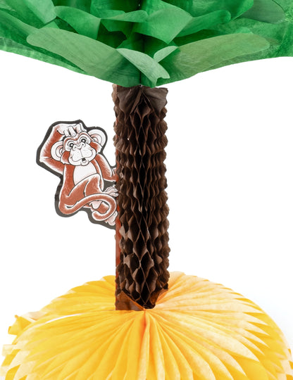 Détail du singe et du tronc du centre de table en papier palmier Hawaï avec singe