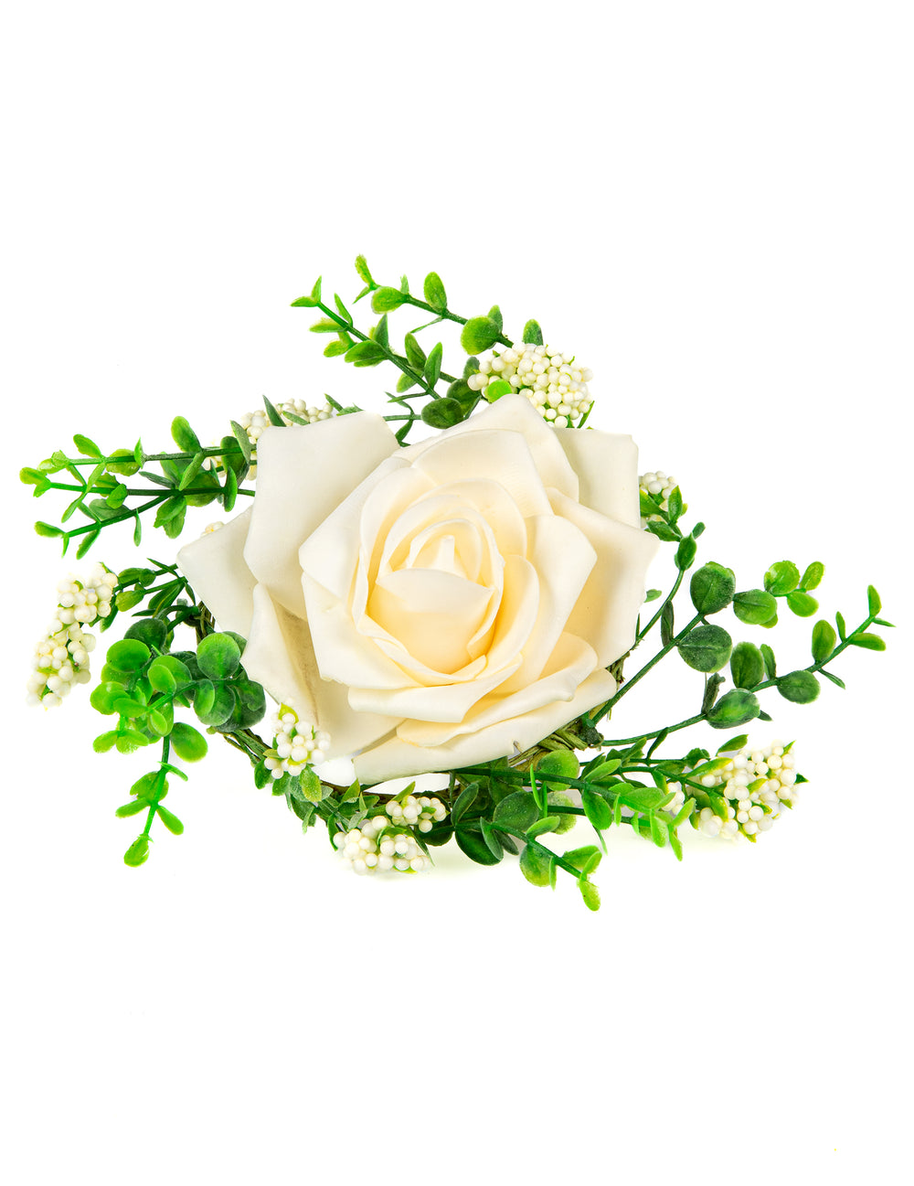 Centre de table rose et feuillage pour mariage champêtre ivoire