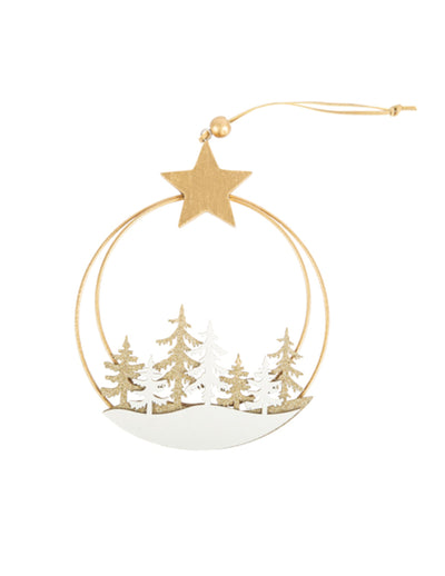 Cercle à suspendre forêt enneigée pour Noël doré et blanc avec étoile dorée