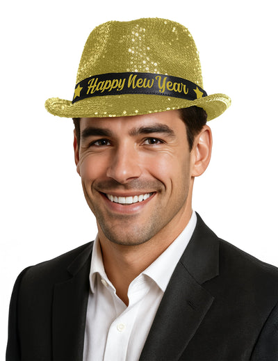 Chapeau à sequins Happy New Year pour adulte doré avec bandeau noir