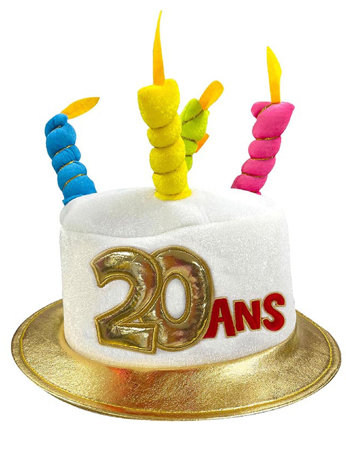 Chapeau gâteau anniversaire 20 ans pour adulte blanc avec bougies multicolores et liseré doré