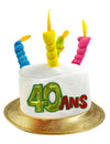 Chapeau anniversaire 40 ans pour adulte blanc en forme de gâteau avec bougies colorées