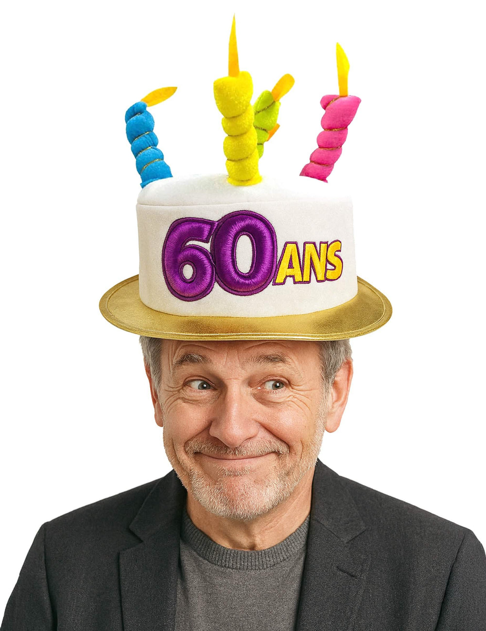 Klobúk torta 60 rokov pre dospelý biela s sviečky multicolore