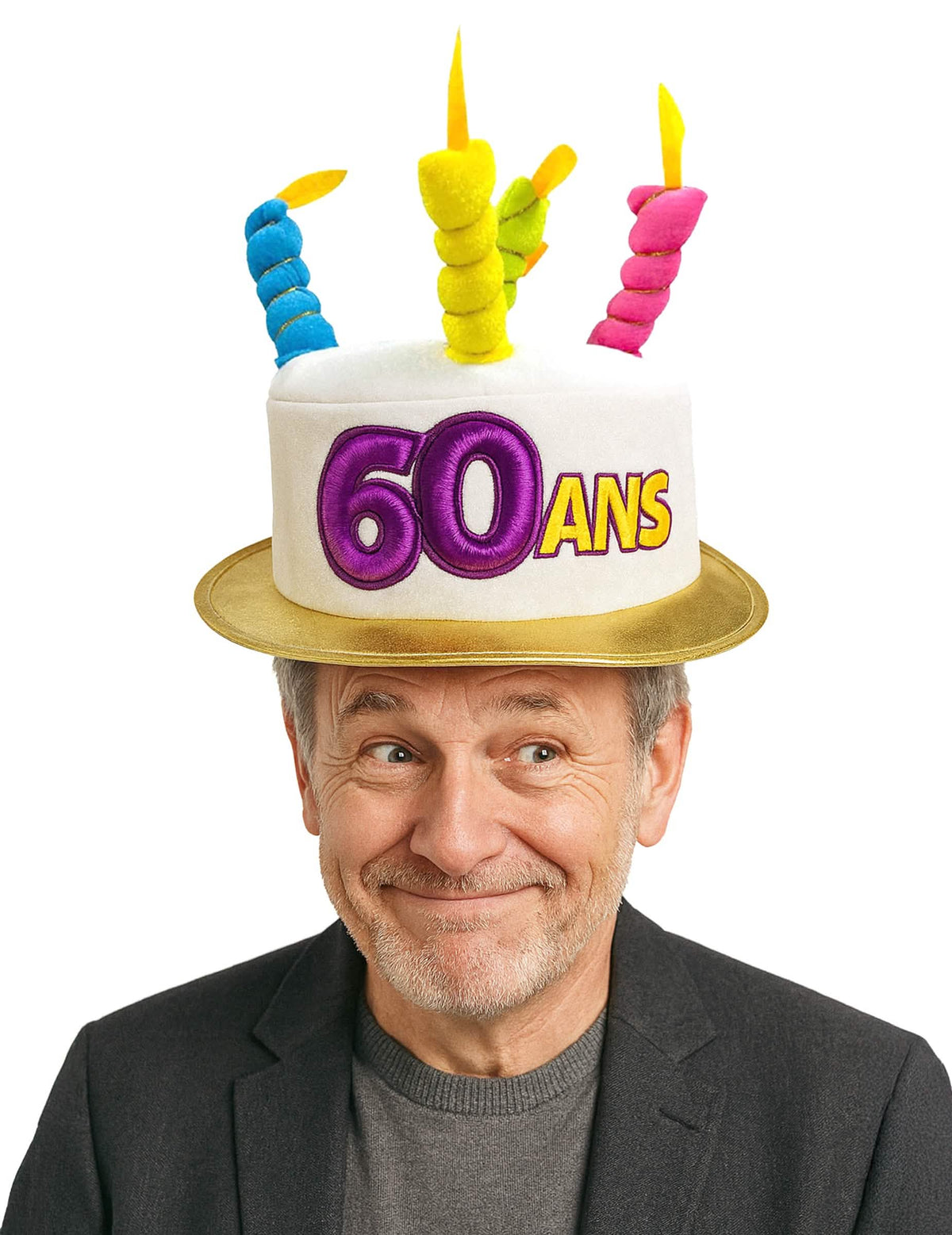 Klobúk torta 60 rokov pre dospelý biela s sviečky multicolore
