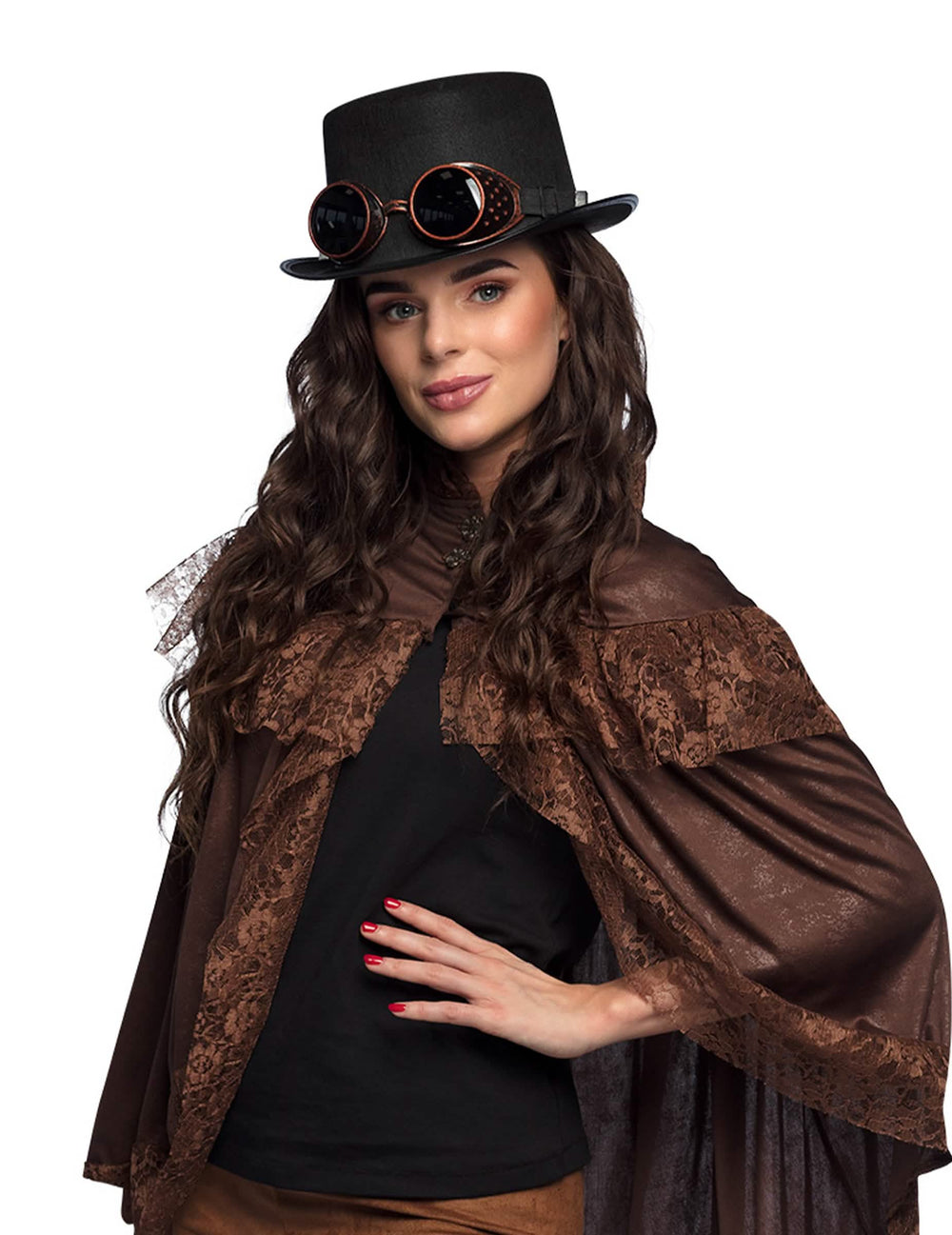 Nasadenie klobúka s okuliarmi steampunk