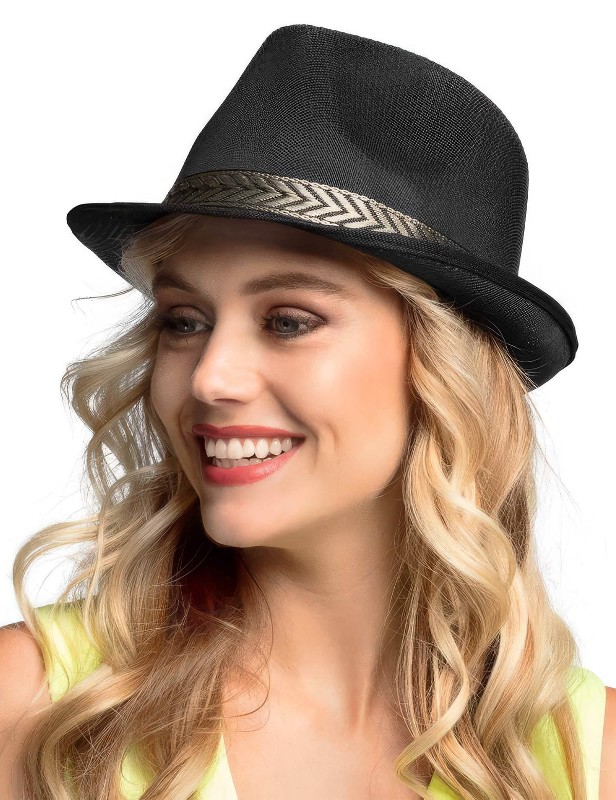 Klobúk borsalino trilby pre dospelého čierna s páskou s rybinovým vzorom