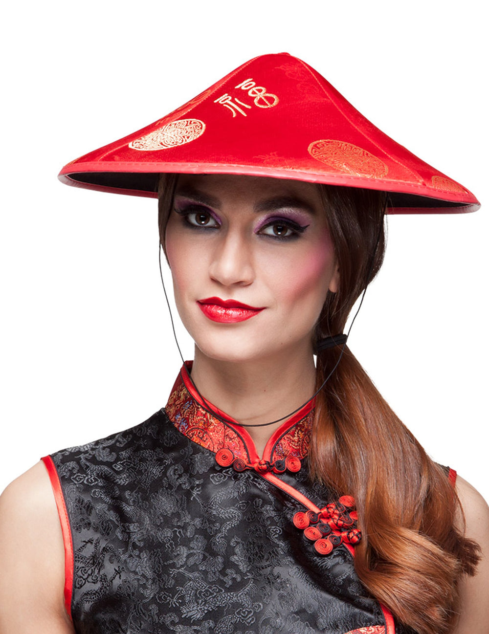 Chapeau chinois pour adulte rouge avec motifs dorés