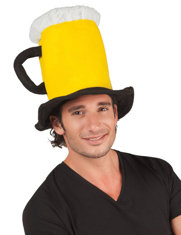 Chapeau chope de bière pour adulte jaune et blanc avec anse noire