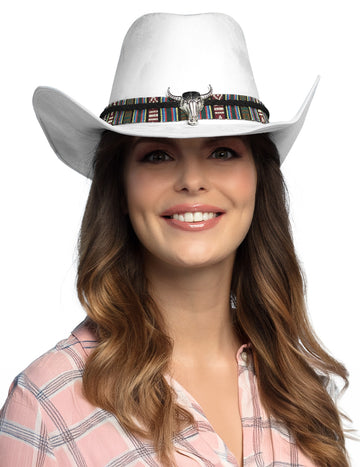 Biely kovbojský klobúk pre dospelých s byvolou hlavou