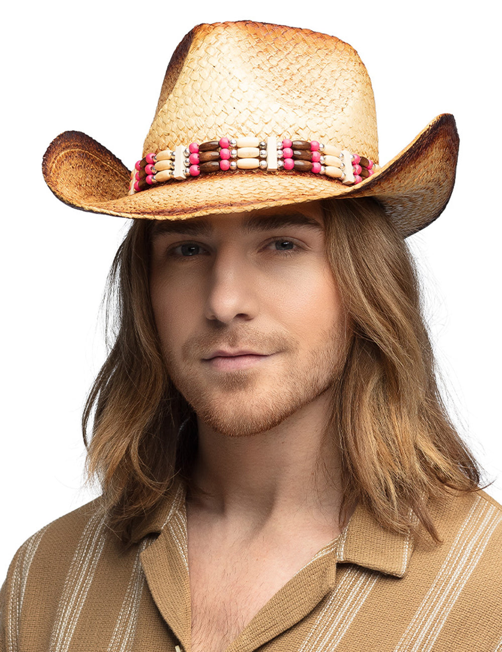 Vue de face du chapeau cowboy pour adulte en paille avec perles roses et blanches