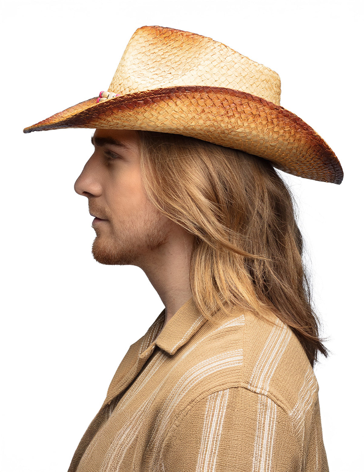 Vue de profil du chapeau cowboy pour adulte en paille avec perles roses et blanches